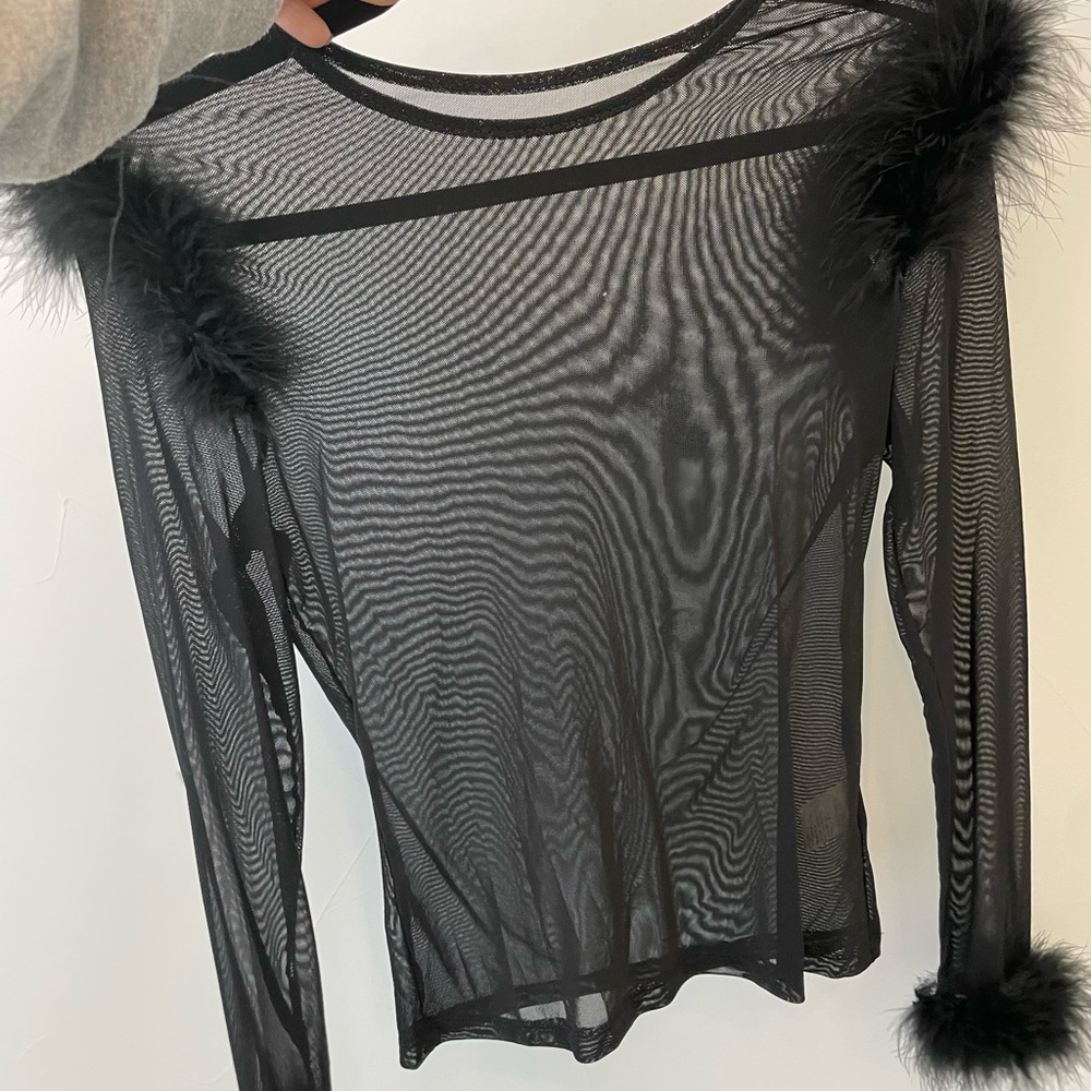 Mesh see through long sleeve top with feather accents